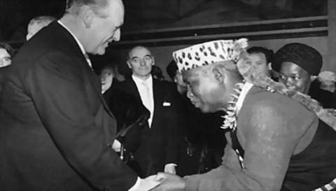 Albert John Lutuli greet King Olav V after the Nobel ceremony