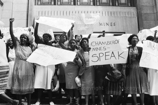 Women protest outside Chamber of Mines on International Women's Day