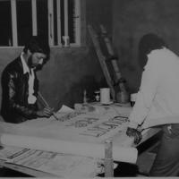 Elvis Govender preparing posters for the Krishna Rabilal Memorial (Motala Massacre, Mozambique), Merebank, 1984